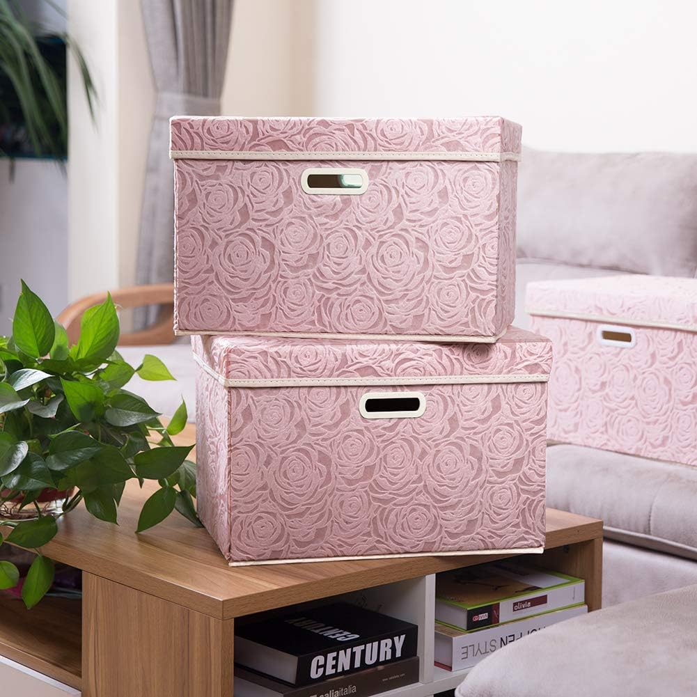 PRANDOM Large Foldable Storage Boxes with Lids [5-Pack] Fabric Decorative Storage Bin Cubes Organizer Containers Baskets with Cover Handles for Bedroom Closet Nursery Pink 17.7x11.8x11.8 Inch
