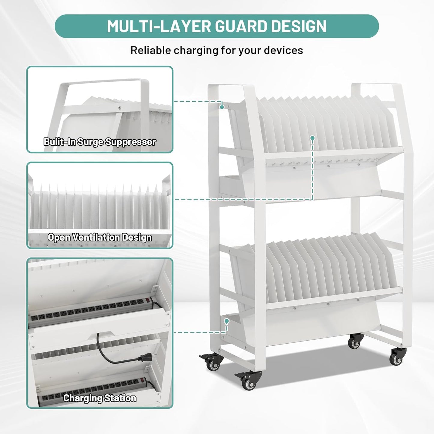 32 Device Mobile Open Charging Cart, Charging Station Rack with Easy Access and Removable Slots, Charging Storage Cart with Cable Management for Tablets, Chromebooks, Laptop Computers