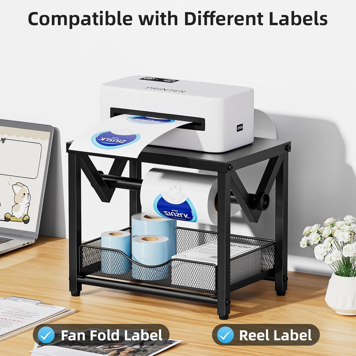 Marbrasse Label Holder for Rolls and Fanfold Labels, Metal Thermal Label Printer Holder with Drawer, Shipping Label Stand,Sticker Roll Holder for Home, Office, Small Business,Black