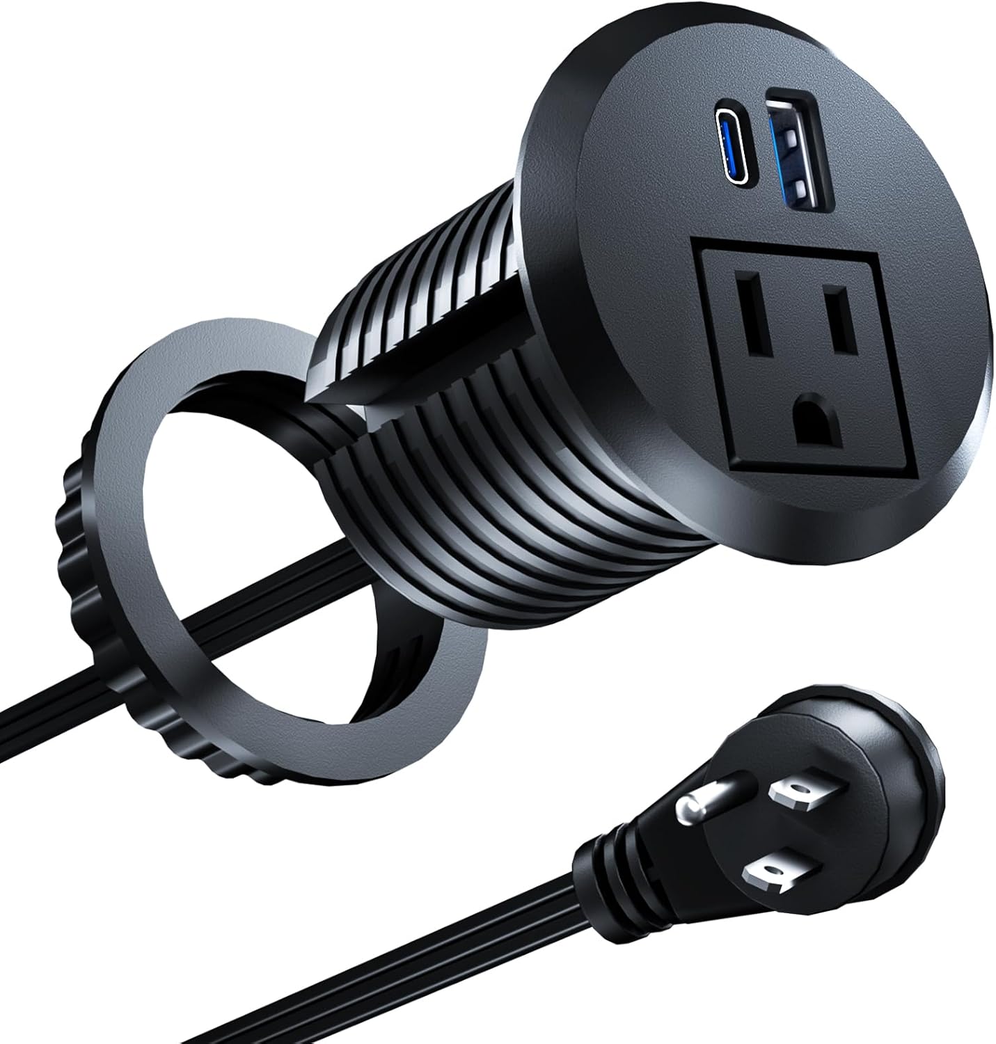 Recessed Power Grommet with 20W USB C Fast Charging, 2 inch Conference Recessed Outlet,Flush Mount for Desk,Office Tables,Furniture,6FT Cord, 45° Thin Flat Plug (Black, Grommet Outlet)