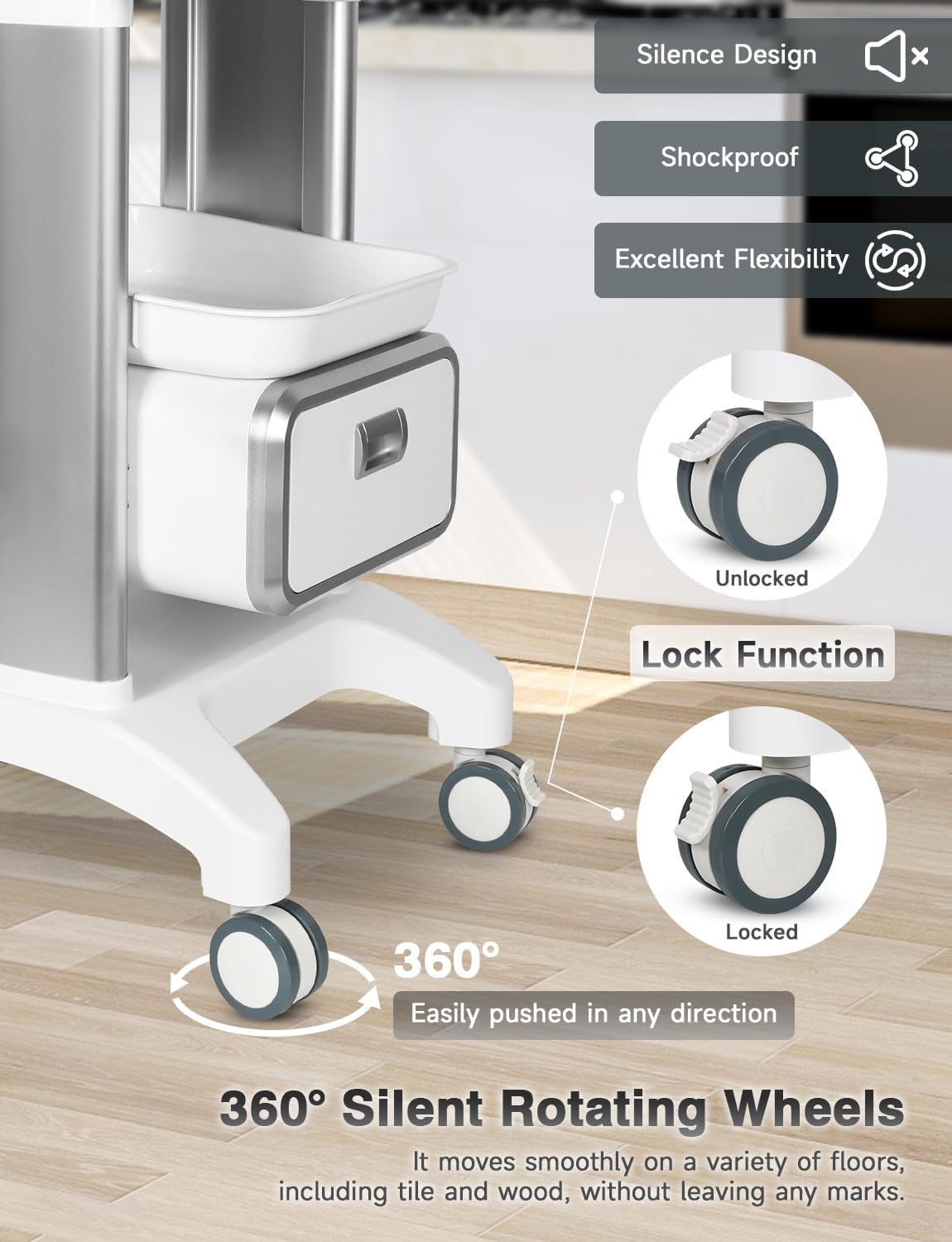 Medical Trolley Cart Mobile Ultrasound Cart 130 LBS Load Professional Portable Storage Drawer with 4 Silent Wheels Tray for Hospital Dental Clinic Beauty Salon Office Bedroom