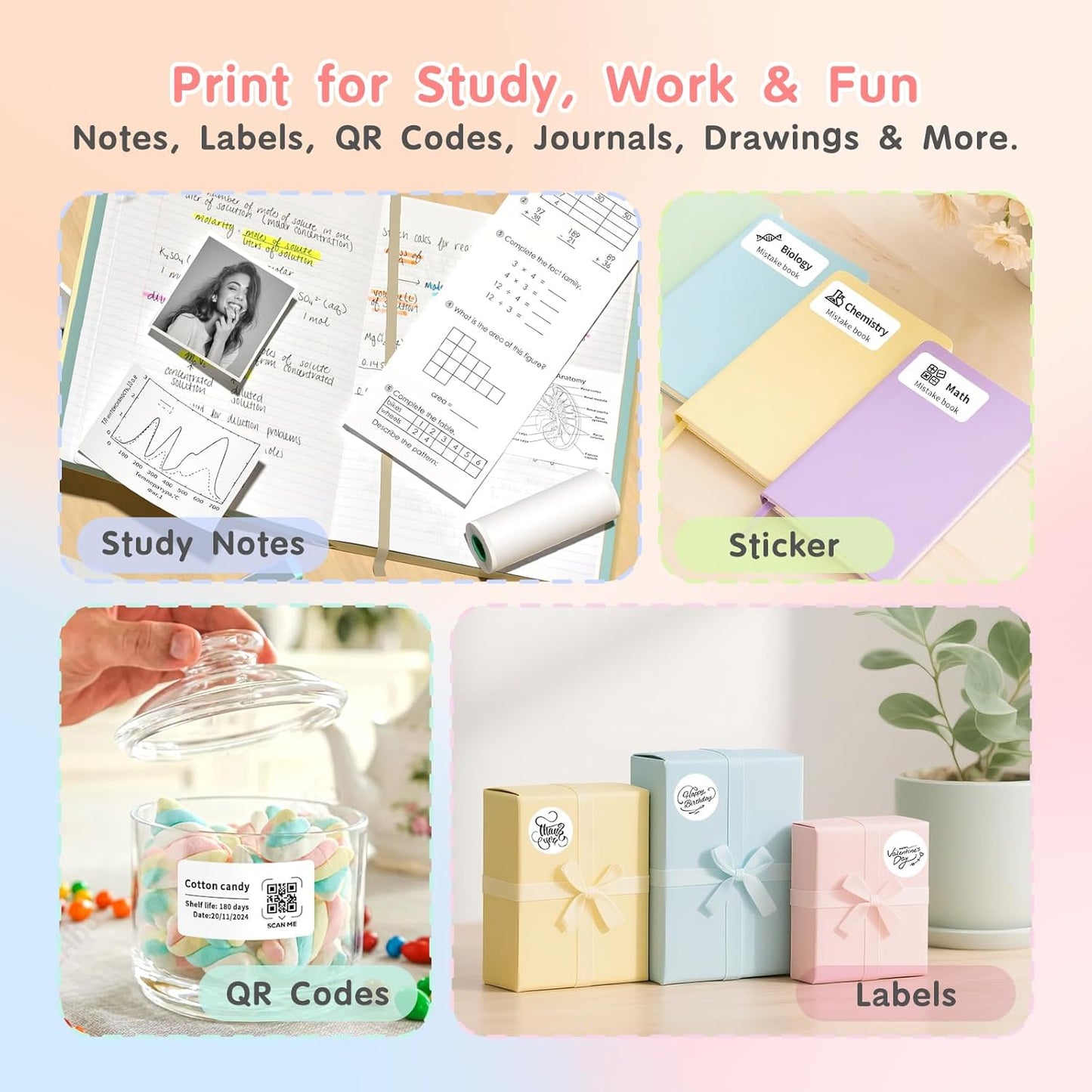 JD-23 Sticker Printer, Mini Portable Thermal Printer Print Pod, Inkless Bluetooth Label Maker Machine for DIY Crafts, Journaling, Office & Home Use, 2 Rolls Sticker Paper, Pink