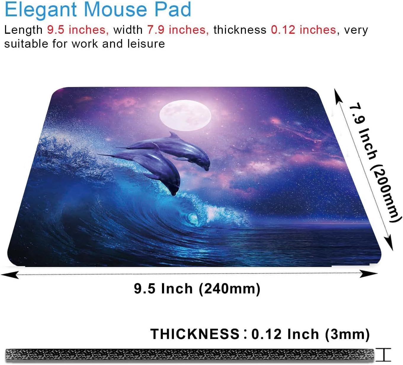Night Ocean Mouse Pad, Beautiful Dolphins Full Moon Mouse Mat, Waterproof Non Slip Rubber Base, 9.5"x7.9"x0.12" Inch