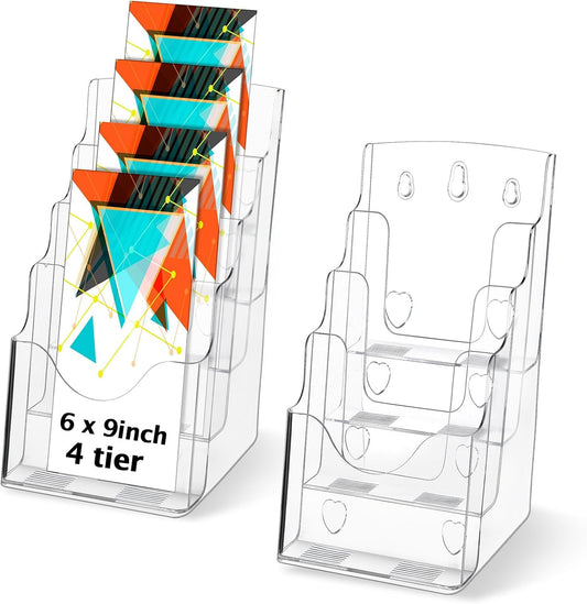 Crtiin 2 Pack 4 Tier Acrylic Brochure Holder Display Stand 6 x 9 Inch, Pamphlet Organizer Flyer Literature Clear Plastic Wall Mount Countertop for Classroom Booklets Magazines Office Home