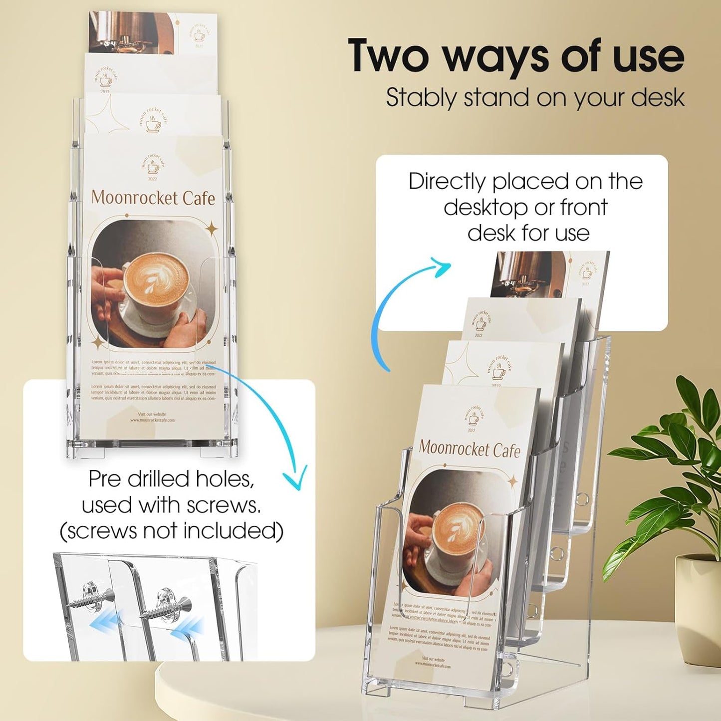 MaxGear Acrylic Brochure Holder, 4 Inch Wide 4 Tier Clear Literature Display Stand, Premium Plastic Pamphlet Holder, Multi Pocket Wall Mount or Countertop Organizer for Office or Home, 2 Pack