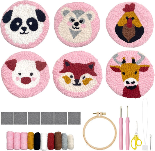 Punch Needle Kit for Adults Beginners, 6-Piece Cute Animal Punch Coaster Starter Kit – Easy Embroidery Stitch Craft Set with Instructions – Fun Needle Point Tufting for Table Decor & Festival Gifts