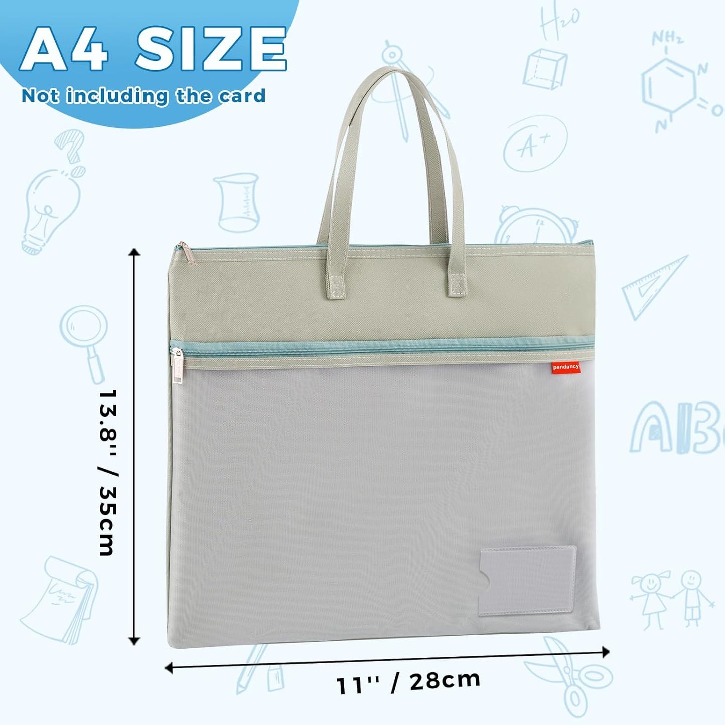 Pendancy Mesh Zipper Pouch A4 Size, Large Double Pocket Waterproof File Bag with Handle, 11x13.8 in Foldable Document Storage for Puzzle Project/Cross Stitch/Travel/Office（Advanced Green）