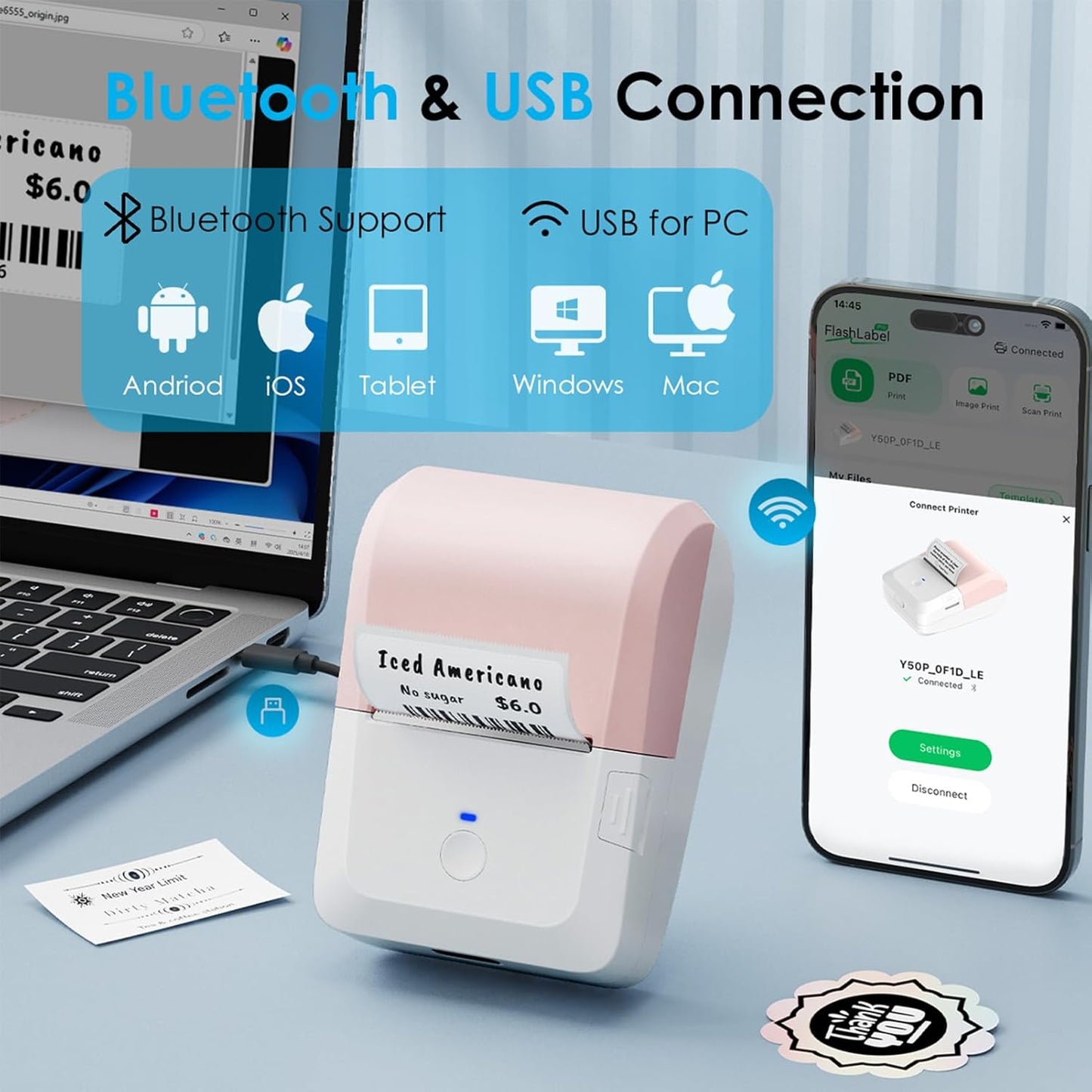 2-inch Label Maker Machine with Tape, Portable Thermal Sticker Maker with 230 Labels, Wireless App & Bluetooth Connectivity for Home,Office,Business & School - Compact Label Machine, Pink