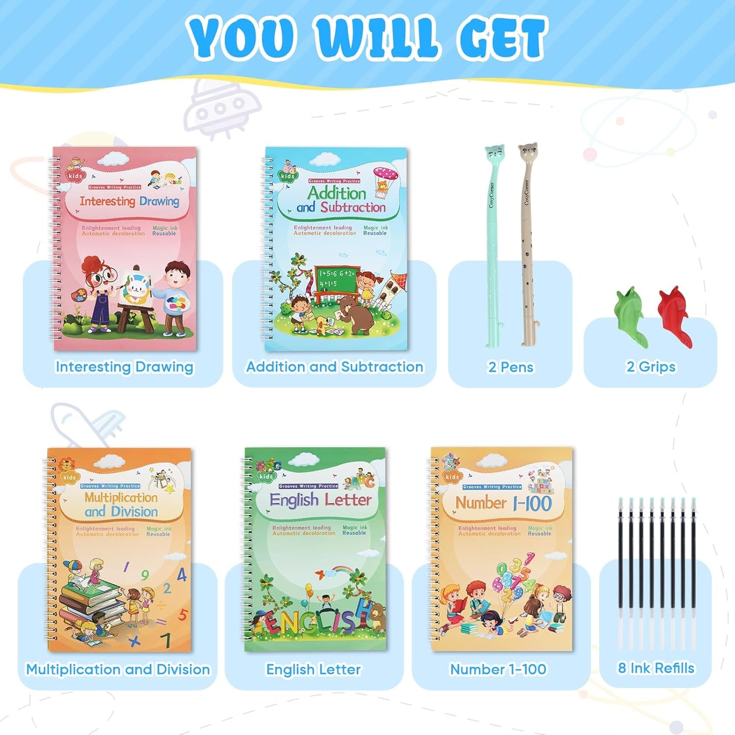 Magic Ink Copybooks for Kids Reusable Handwriting Workbooks for Preschools Grooves Template Design and Handwriting Aid (5)