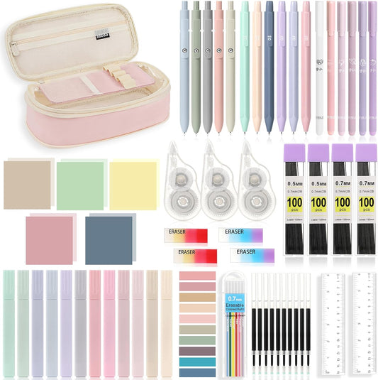MoKo 60Pcs Aesthetic School Supplies with Cute Pencil Case,12 Pastel Highlighters,5 Black Ink Gel Pens,6 Mechanical Pencil Set 0.5 & 0.7 mm for Students Stationary College Essentials