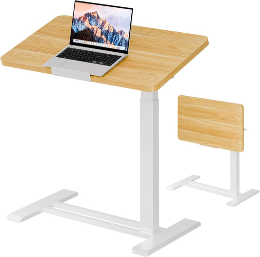 SANODESK Medical Adjustable Overbed Bedside Table with Casters 90° Tilt Top Pneumatic Mobile Rolling Laptop Computer Standing Desk Cart with Tray, Hospital and Home Use(27.6" W x 15.7" D, Maple)