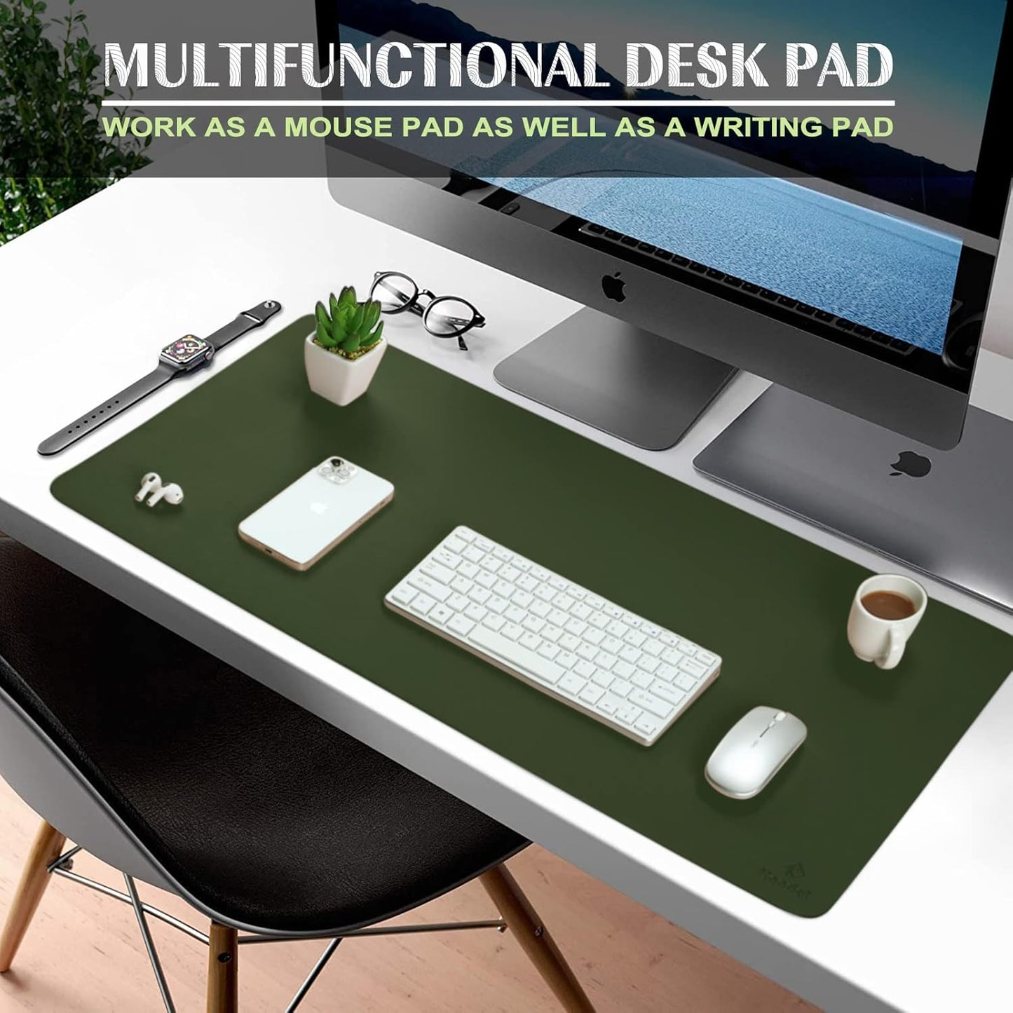 K KNODEL Large Office Leather Desk Mat, Mouse and Keyboard Pad, Computer and Laptop Mat, Desktop Protector and Cover, Writing Pad and Blotter (35.4"x17", Dark Green)