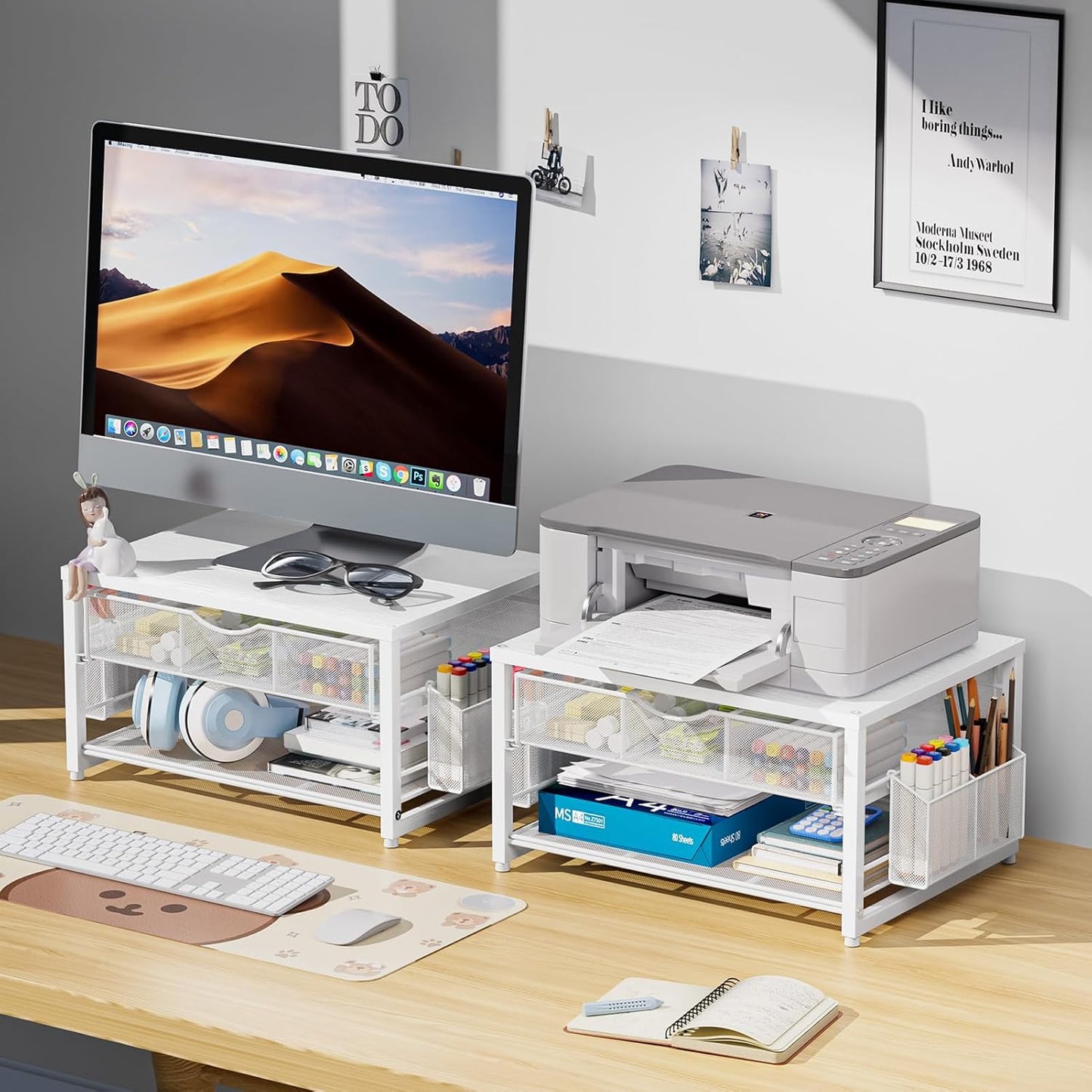 Marbrasse Wood Printer Stand for Desk, 2-Tier Desktop Printer Table for Home Office, Printer Stand with Storage Drawer 2 Pen Holders, Multi-Purpose Desk Organizer for Fax Machine Scanner(Wood White)