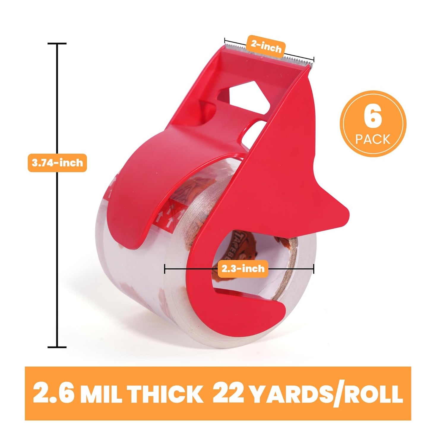 No Noise Packing Tape with Dispenser, 2.6mil Thick, 1.88" x 22yd Super Clear Packaging Tape for Book Binding, Carton Sealing, Moving, Shipping, 6 Rolls Tape with 6 Free Dispenser