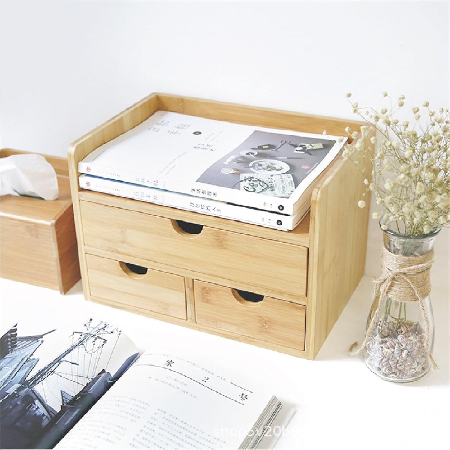 3 Drawer Bamboo Desk Organizer with Shelf – Makeup Storage & Tabletop Organizer for Home Office, Workspace, or Bathroom – No Assembly Required