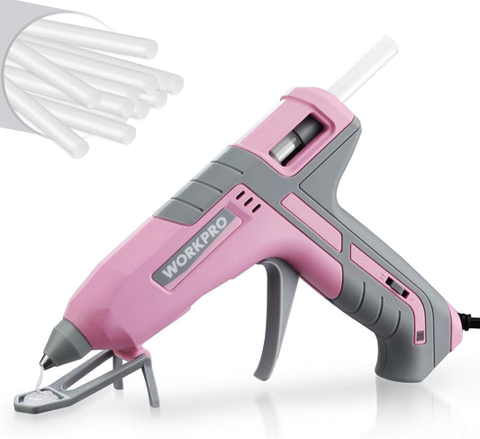WORKPRO Hot Glue Gun Full Size - 60/100W Dual Temp Glue Gun and Sticks Set with 10 PCS Glue Sticks (7/16") - 90S Fast Preheating Hot Glue Gun for Construction, Crafting, DIY and Repairs - Pink Ribbon