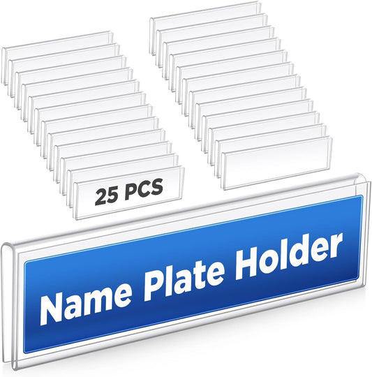 25 Pack Plastic Cubicle Name Plate Holder 8.5" Wide x 2" High Glass Wall Name Plate Holder Clear Acrylic Sign Display Stand for Home Office Business (Suitable for 1/4" Cubicle Wall)