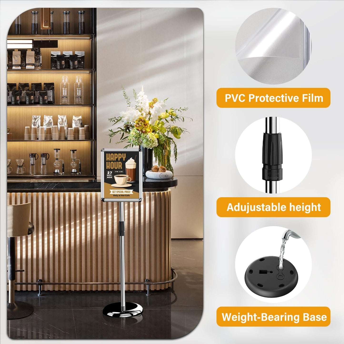 Sign Holder - 8.5 x 11 Inch Standing Floor Sign Stand for Vertical & Horizontal Sign Stand Displayed Pedestal Poster Holder, Snap Frame for School Church Business Show – Silver (6 Pack)