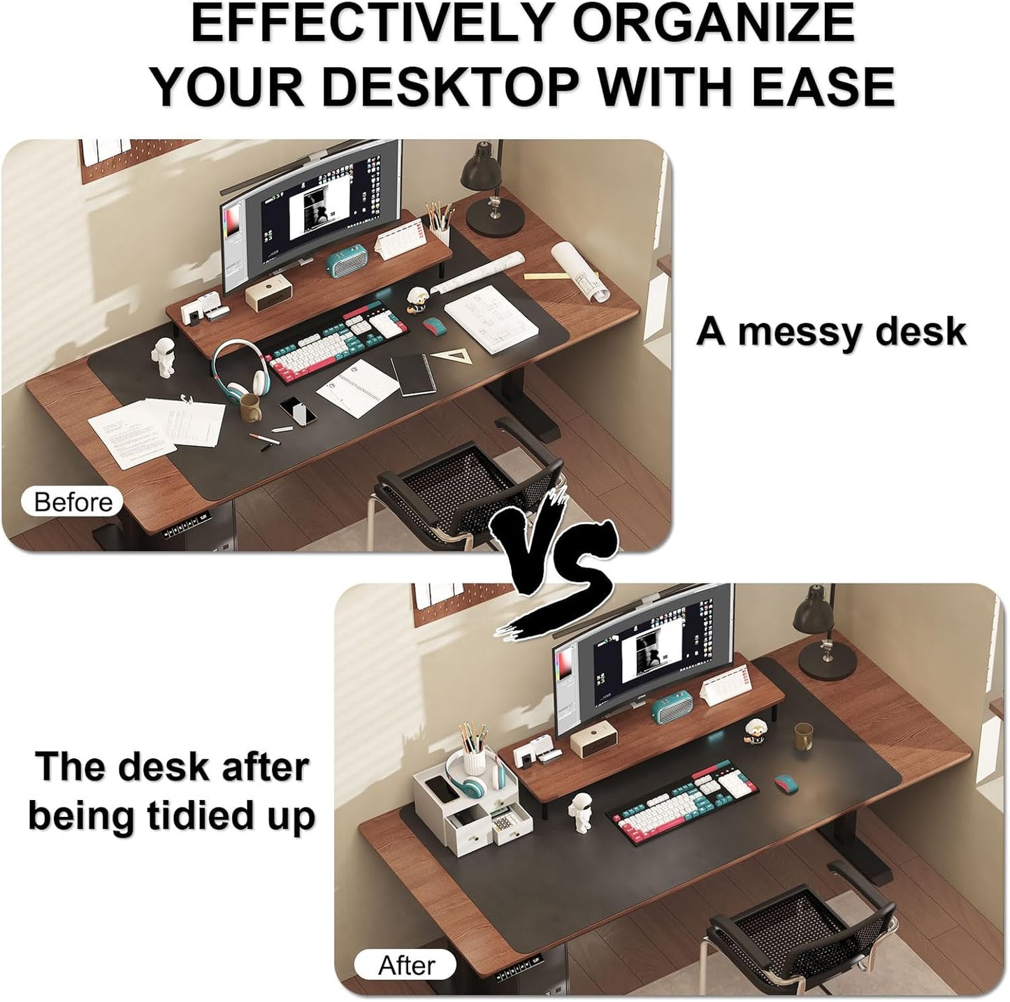 Bamboo Desk Organizer with Drawers Wooden Desktop Storage Organization Box for Bills Office Supplies Kitchen Utensils Organizing Tool for Home Classroom Vanity, No Assembly Required (3 Drawer, White)