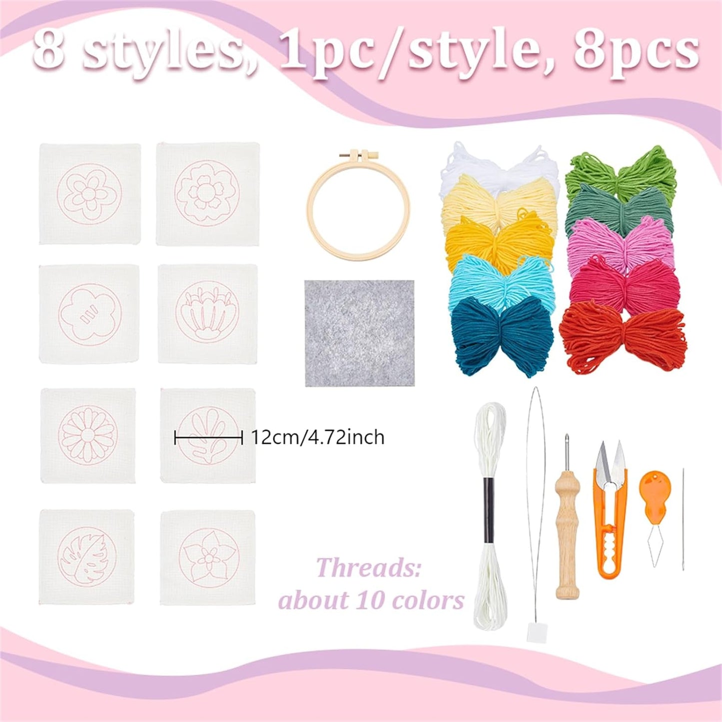 GLASSWINDS 8 Pcs Punch Needle Kit for Adults Beginners Flower Punch Needle Coaster Kit Rug Tufting DIY Embroidery Kits Art Craft Supplie with Stamped Fabric, Hoops, Yarns and Sewing Needles