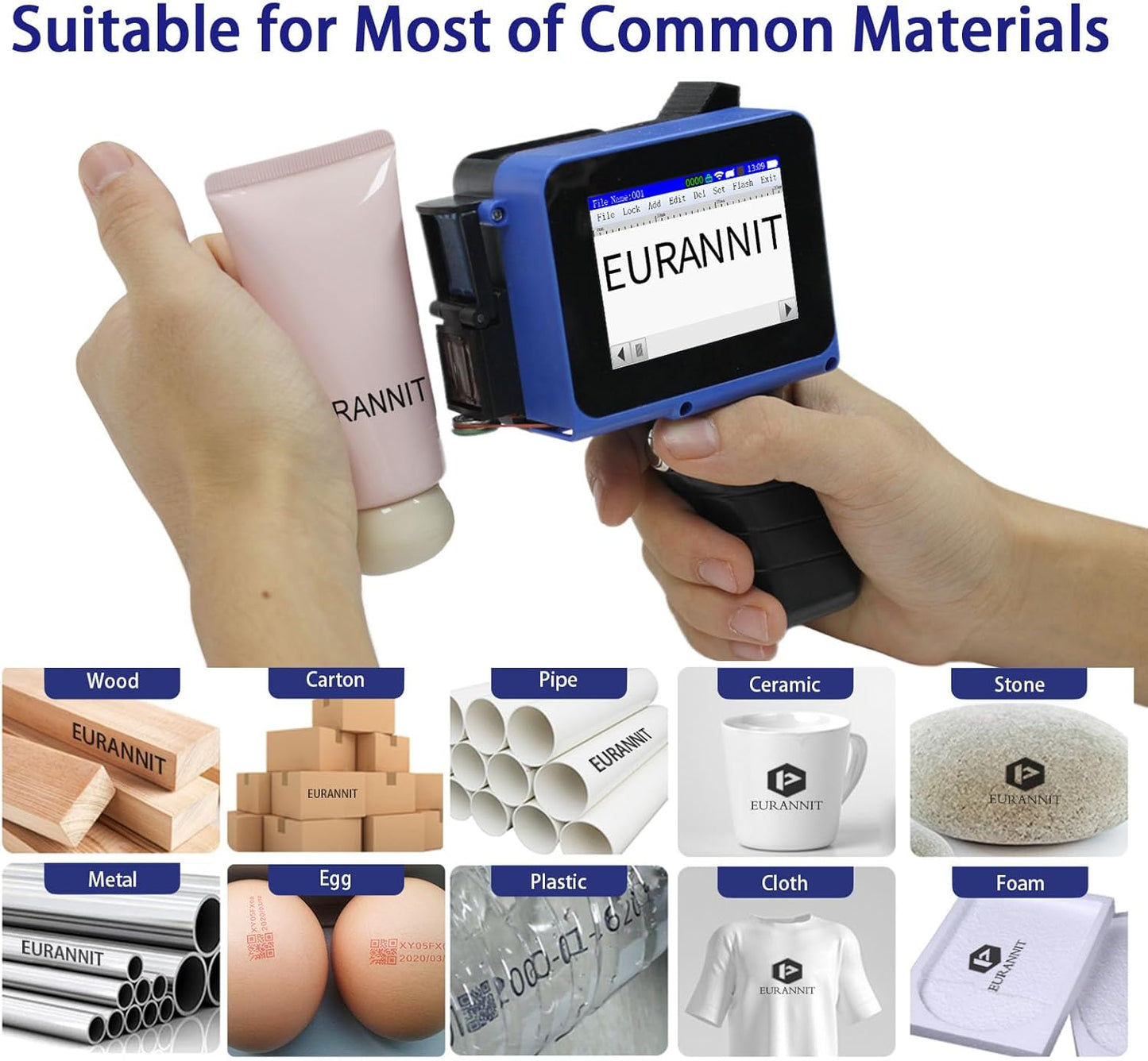 E12 Mini Handheld Inkjet Printer - 0.5 Inch Adjustable Print Height with Quick-Dry Ink for Text, Barcode, QR Code, Date on Cardboard, Metal, Plastic & Curved Surfaces