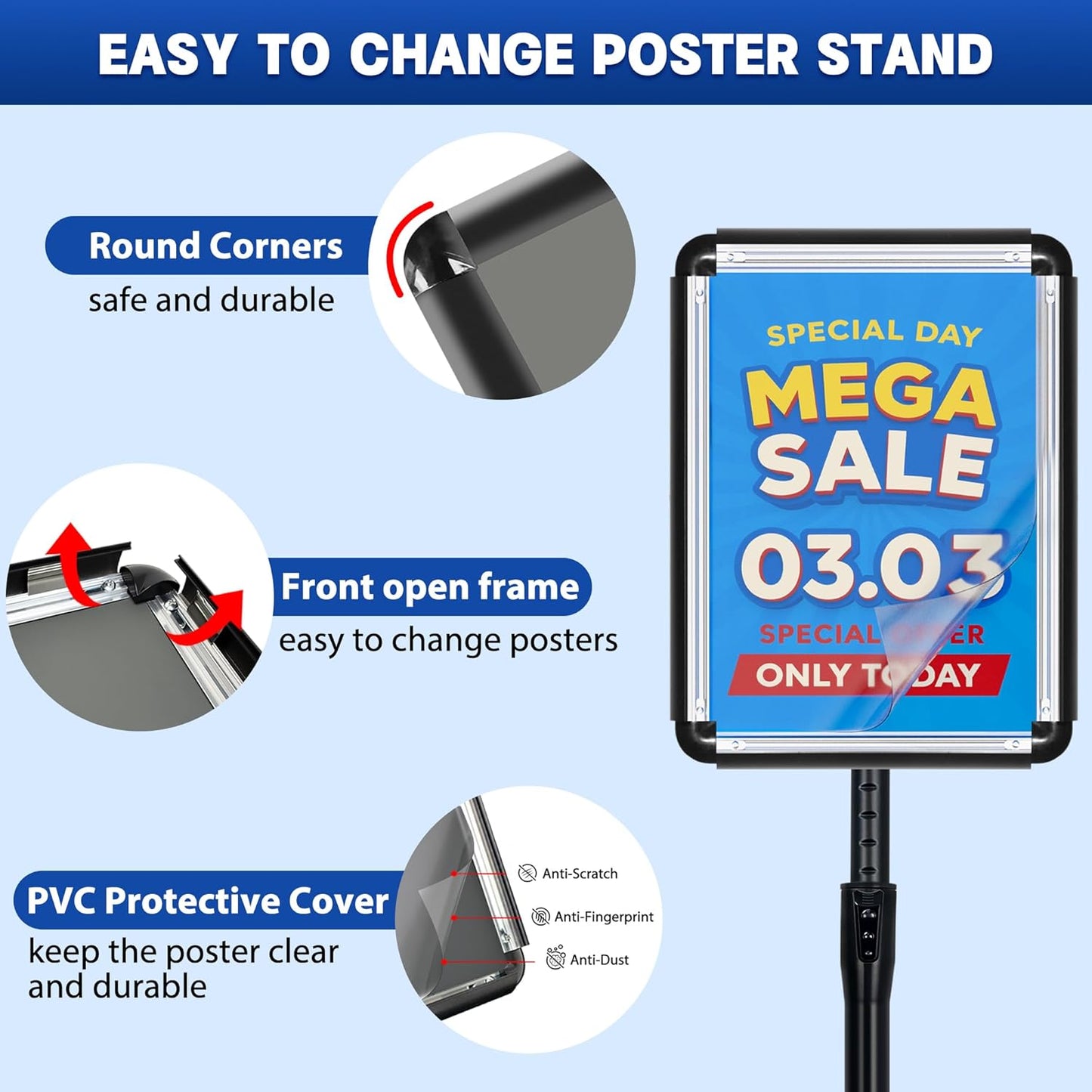 Sign Stand for Display - Adjustable 8.5x11 Inch Floor Standing Sign Holder, Pedestal Poster Stand for Vertical & Horizontal View, Indoor & Outdoor Use for Business, Mall, Restaurant - Black