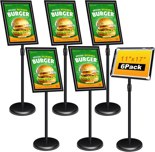 6Packs Pedestal Poster Sign Stand, Adjustable Aluminum Snap Open Frame Sign Holder Poster Stand 11x17 Inch for Vertical/Horizontal Display, Black