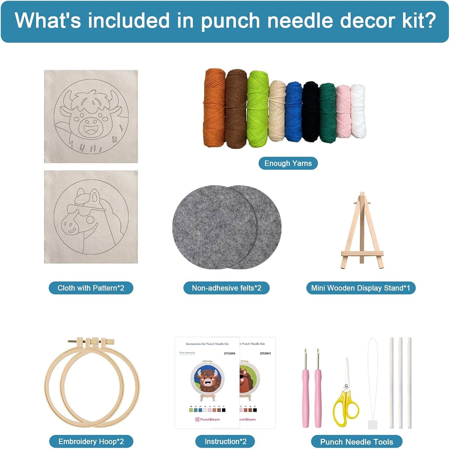 Punch Needle Kit for Adult Beginner, 2Pcs Horse & Highland Cow Punch Embroidery Starter Kit – Easy Yarn Stitch Set with Instructions – Fun Needle Point Craft for Home Decor &Gift Idea