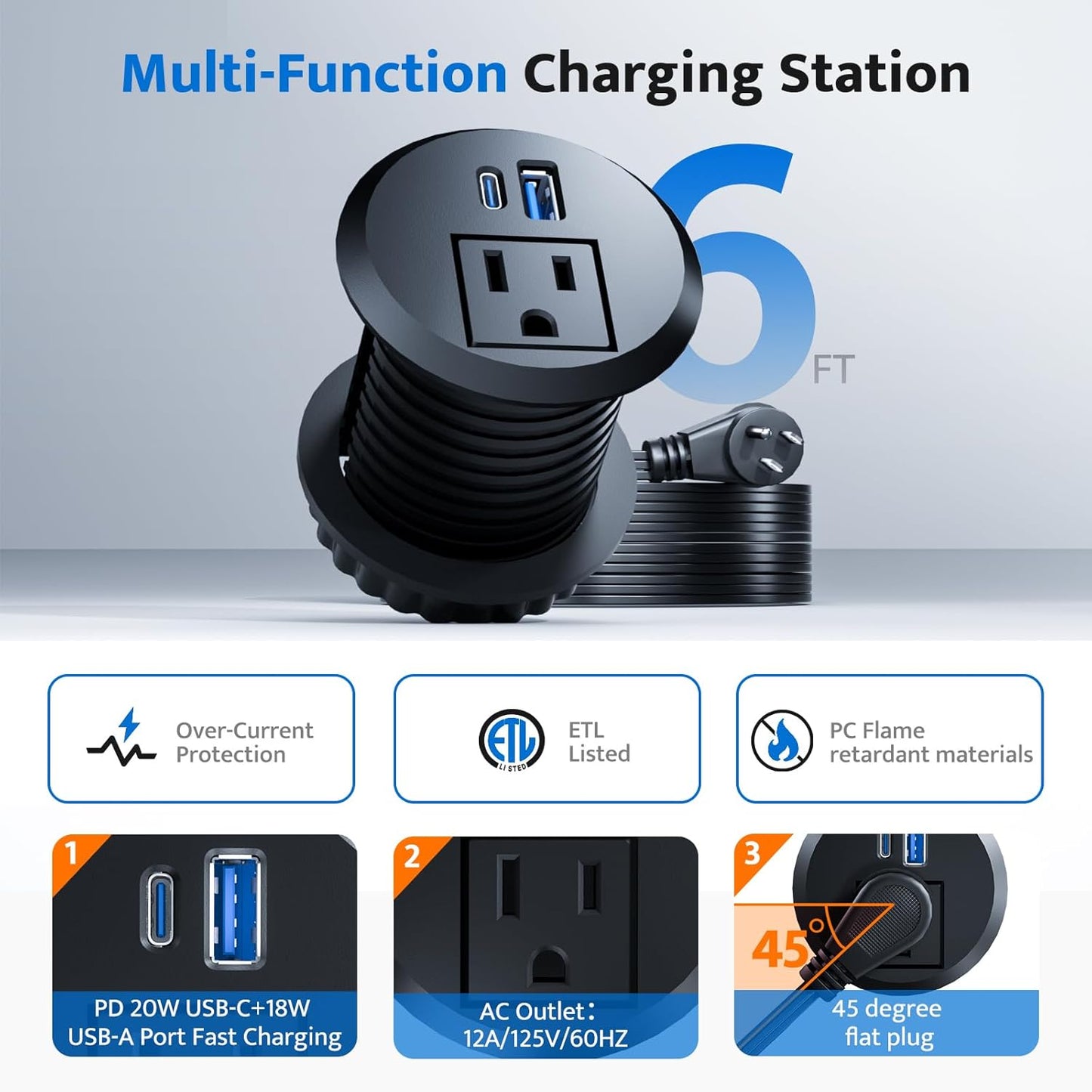 Recessed Power Grommet with 20W USB C Fast Charging, 2 inch Conference Recessed Outlet,Flush Mount for Desk,Office Tables,Furniture,6FT Cord, 45° Thin Flat Plug (Black, Grommet Outlet)