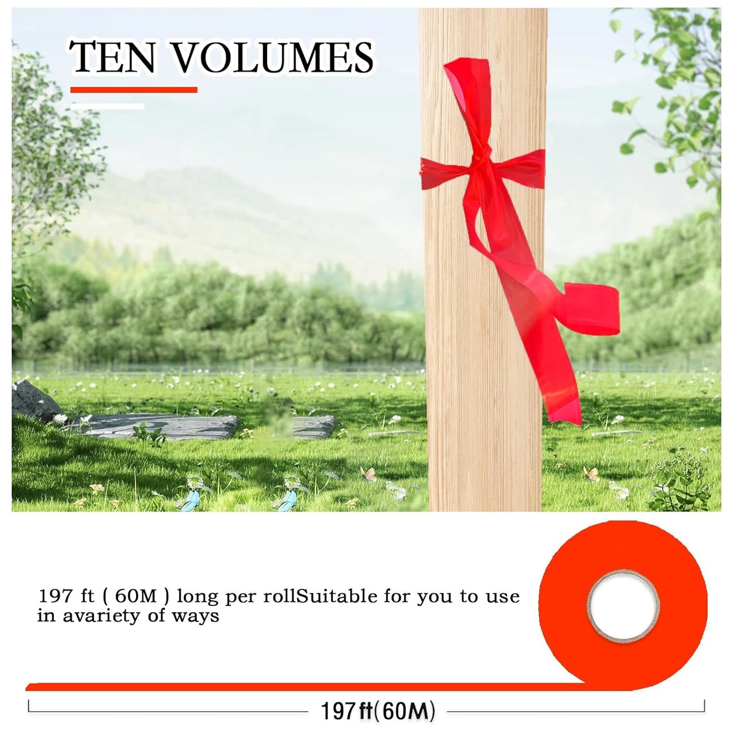 10 Pack Orange Flagging Tape, Non-Adhesive Plastic Ribbon Neon Marking Roll,1inch*2000ft, Marking Tape for Tree Marking, Hunting, Boundaries and Hazardous Areas,Trail Marking