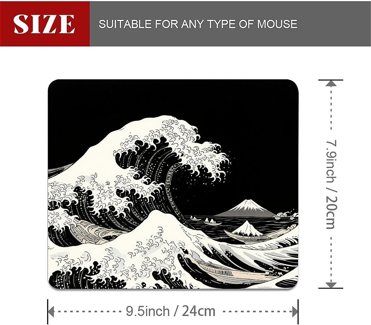 Square Mouse Pad Black Japanese Wave, Personalized Premium-Textured Custom Mouse Mat Design, Washable Mousepad Cloth, Non-Slip Rubber Base Computer Mouse Pads for Wireless Mouse