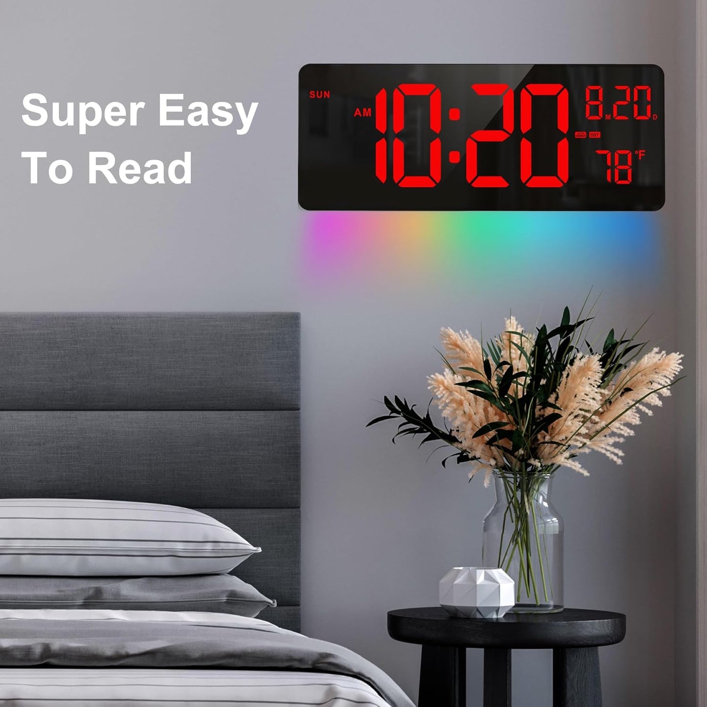XREXS 16.5" Digital Clock Large Display with Remote Control 7 Color Changes Night Lights LED Wall Clock, Adjustable Dimmer, Temperature Clock for Bedroom, Desk Alarm Clock Gift for Teens Elderly