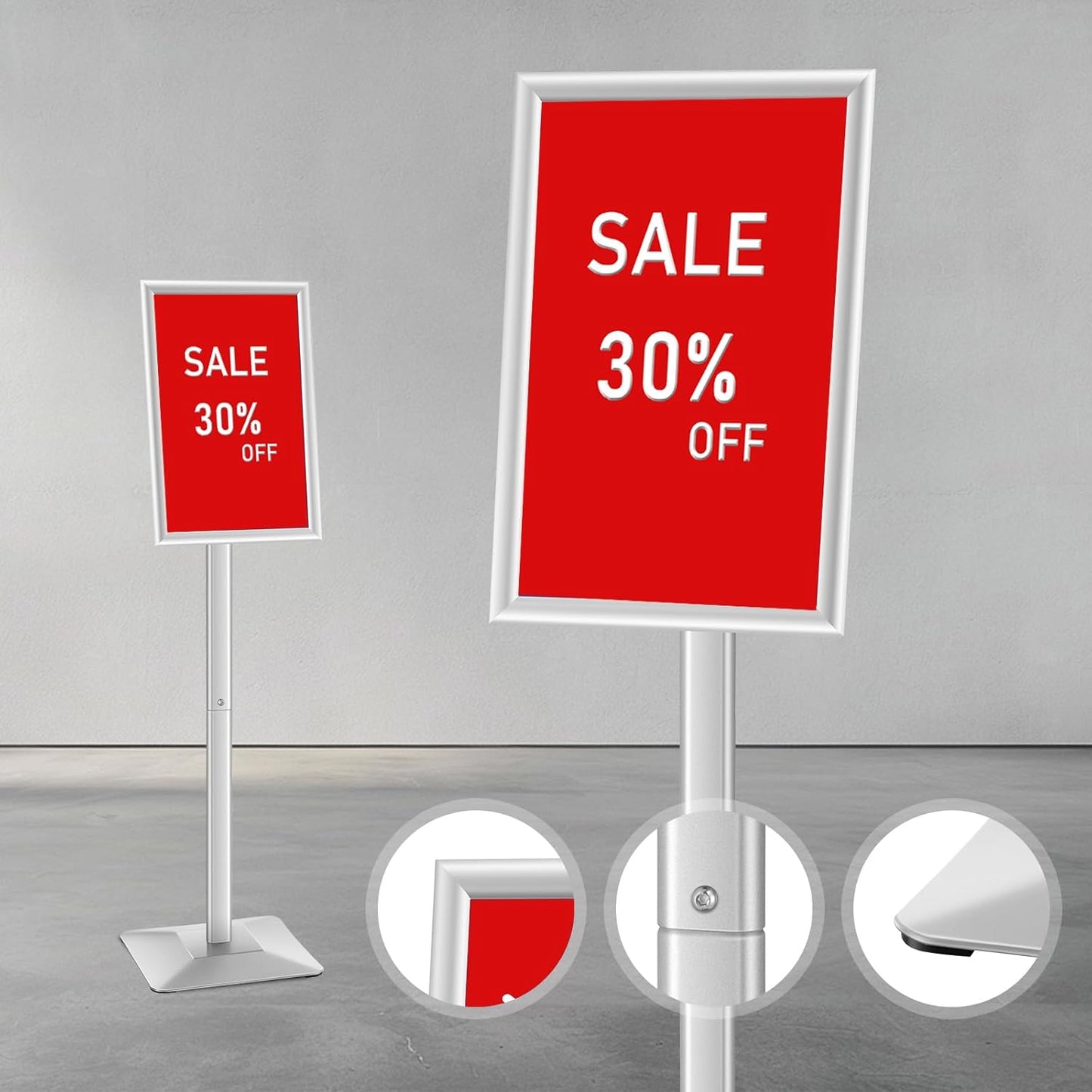 DISPLAYSWORKER Adjustable Heavy Duty Pedestal Sign holder floor Stand,sign stand poster stand Aluminum Snap Open Frame,Standing Floor for 8.5x 11 inch,Vertical/Horizontal View,SILVER