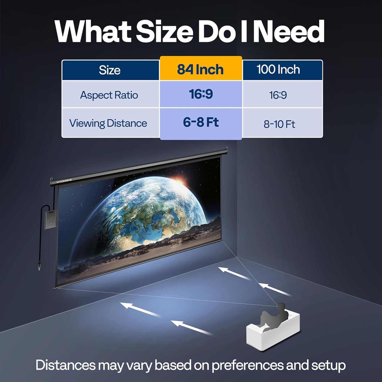 VIVOHOME Motorized Projector Screen with Remote, 16:9 84 Inch Auto Electric Projection Screen, HD 4K Movie Screen for Home Theater, Cinema, Office (73 x 41 Black)