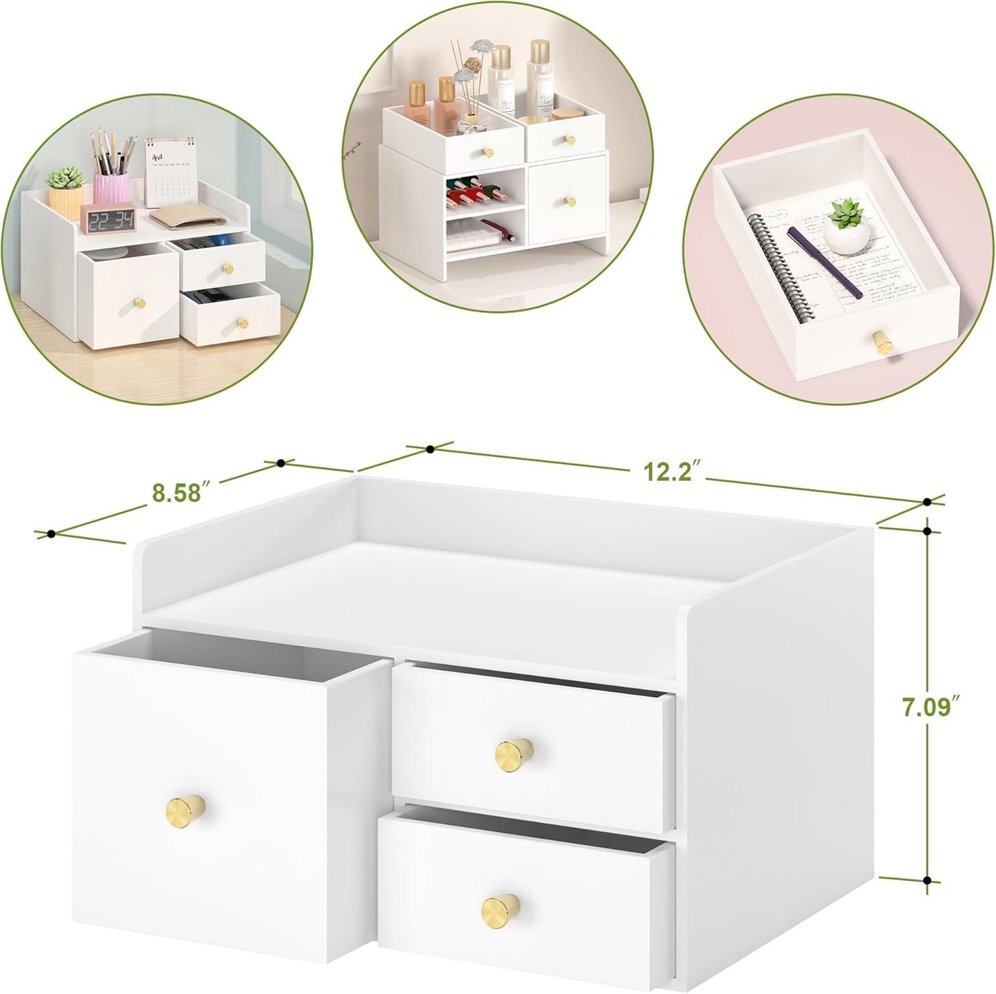 Bamboo Desk Organizer - Stackable, No Assembly Required, Ideal for Office/Home Use - Perfect for Toiletries, Stationery, Accessories. (White, Square drawer to the left of the fence)