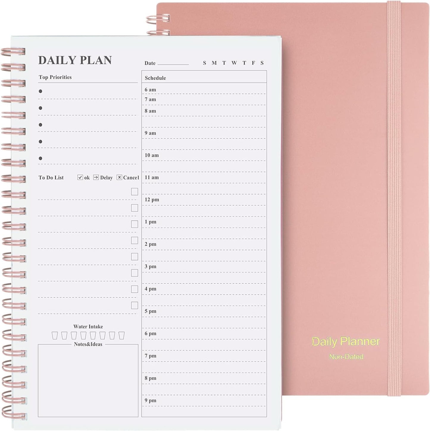 Asten Daily Undated Planner - To Do List Notebook With Hourly Schedule and Spiral Appointment Book for Men and Women, ADHD Work Planner With Inner Pocket, 8.3"x5.8", Pale Pink