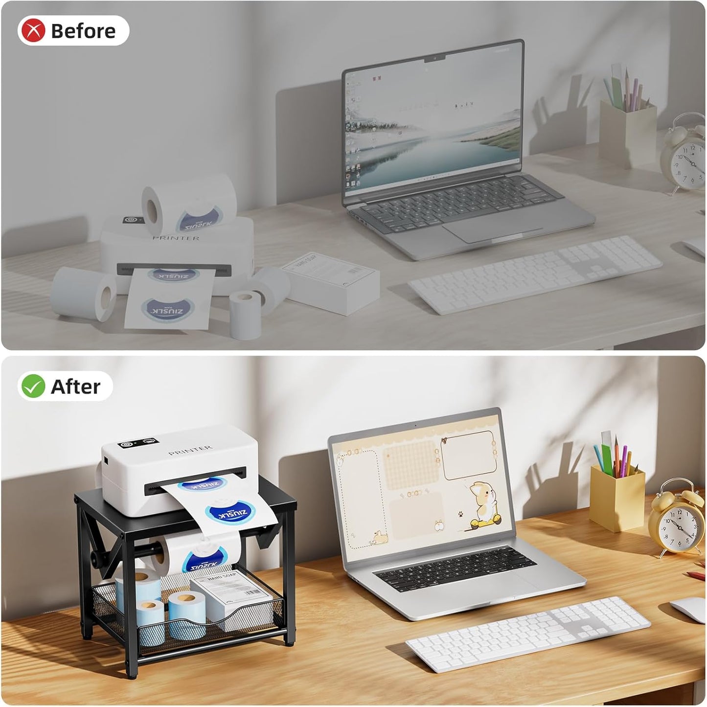 Marbrasse Label Holder for Rolls and Fanfold Labels, Metal Thermal Label Printer Holder with Drawer, Shipping Label Stand,Sticker Roll Holder for Home, Office, Small Business,Black