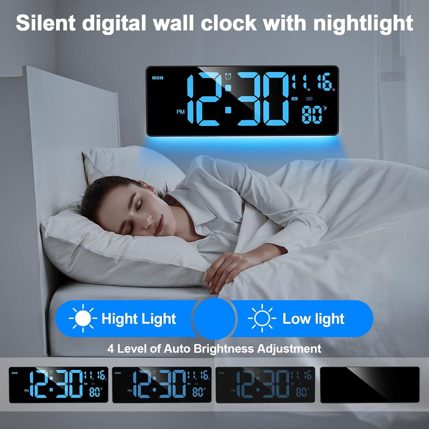 XREXS Digital Wall Clock Large Display, 16.5" LED Wall Clock with 6 Color Changes Night Lights, Auto DST, Count Up/Down Timer with Remote Control for Living Room Bedroom Office Wall Decor