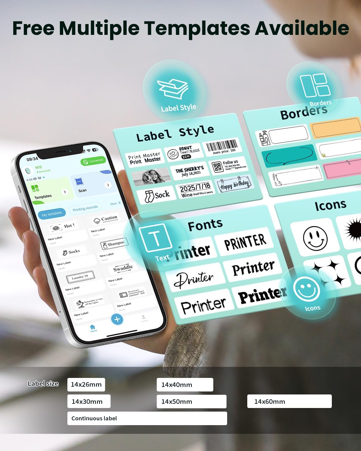 Label Maker Machine with Tape, Portable Bluetooth Label Makers, Inkless Mini Printer Impresora de Etiquetas Multiple Templates for Home School Office Kitchen, Green