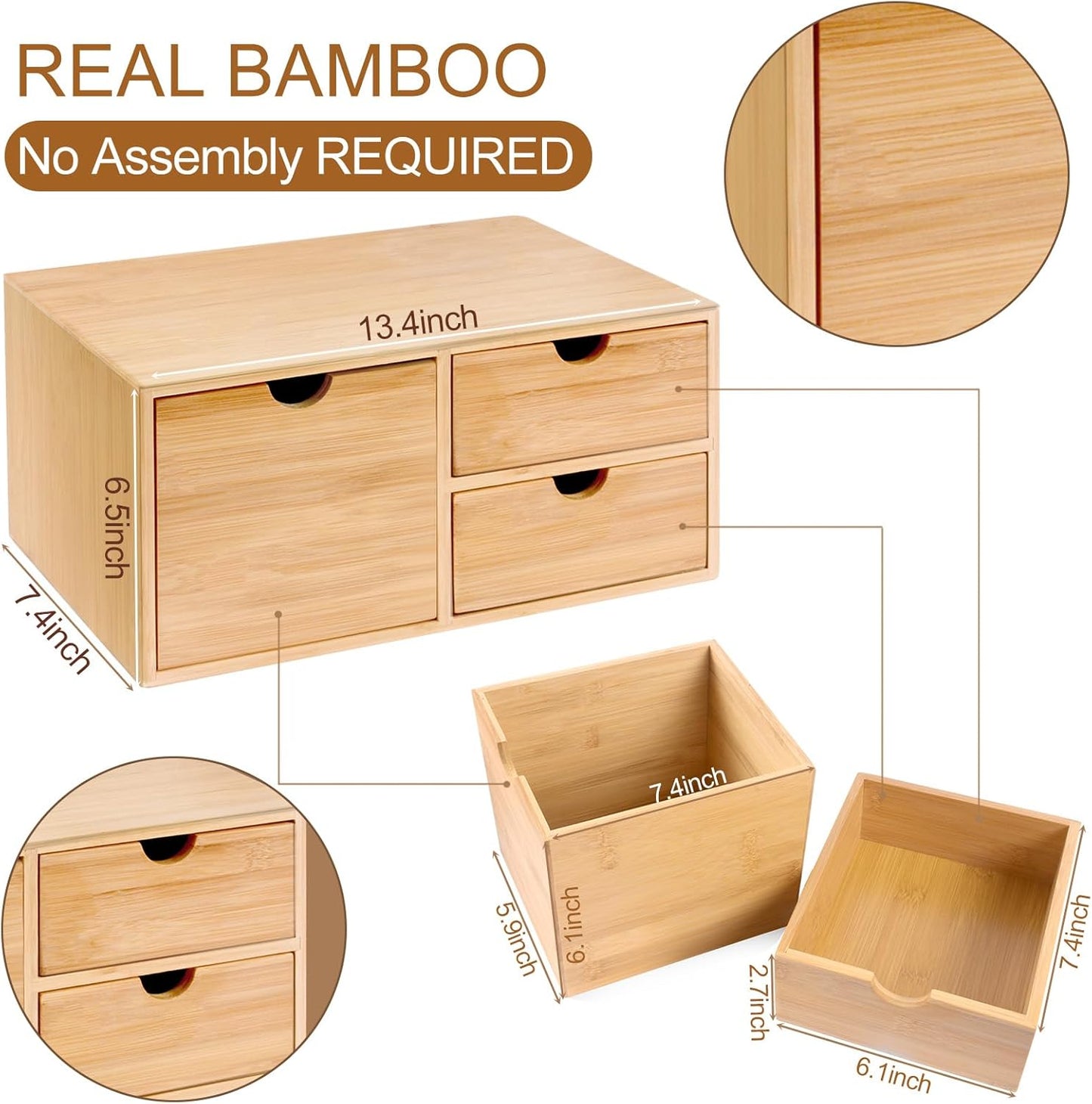 Bamboo Desk Organizer with Drawers Makeup Storage Drawer 3 Drawers Tabletop Storage Organization Desktop Drawers for Countertop Home Office Workspace Bathroom Toiletries Supplies