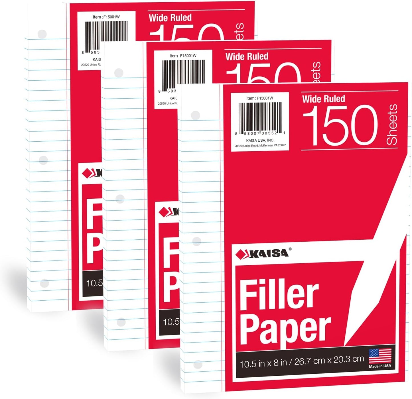 KAISA Filler Paper Loose Leaf Paper, Wide Ruled Paper, 8"x10-1/2", 3-Hole Punched Binder Paper For 3-Ring Binders,150 Sheets/pack 3Pack, F15001W
