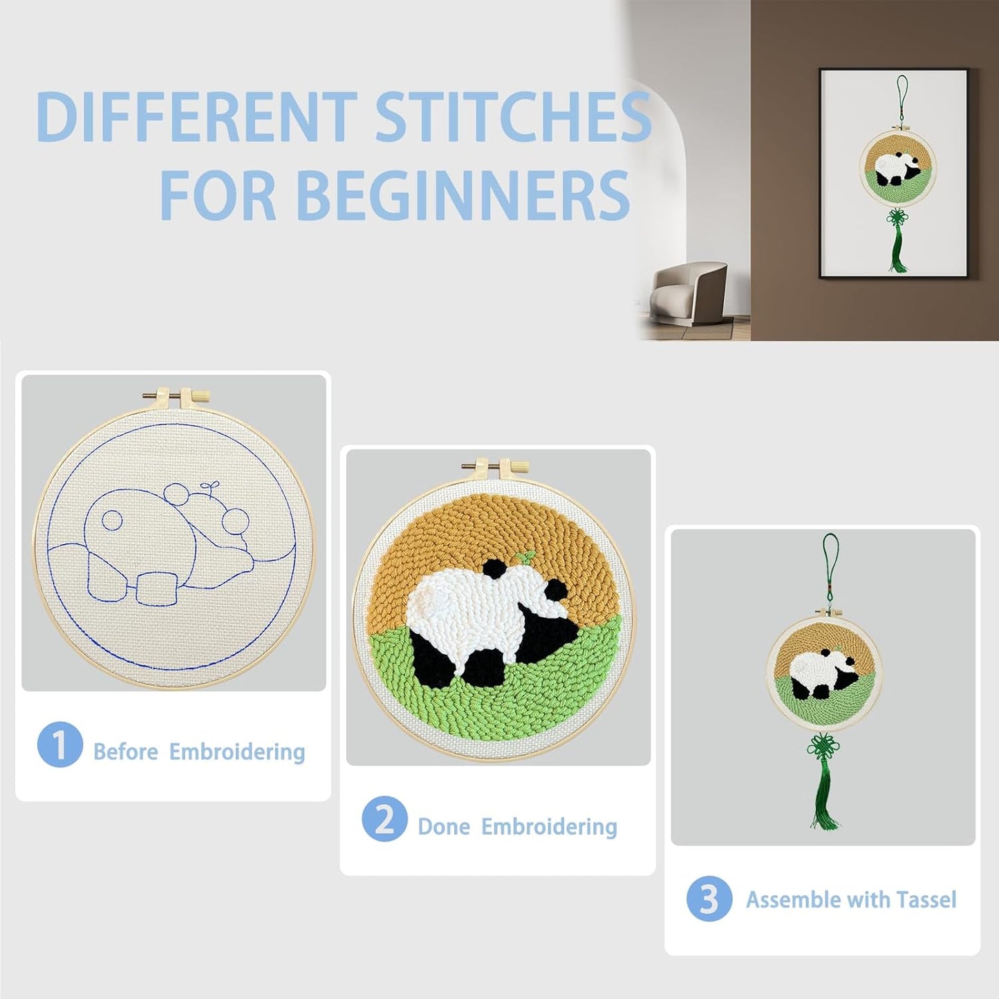 Danvk Panda Punch Embroidery Kit with Embroidery Fabric, Hoop,Scissor,Punch Needle and Yarns, Hand Craft Gift,DIY Embroidery Kits, Hand Punch Needle Kit for Women and Kids Beginners(Panda-Crawling)