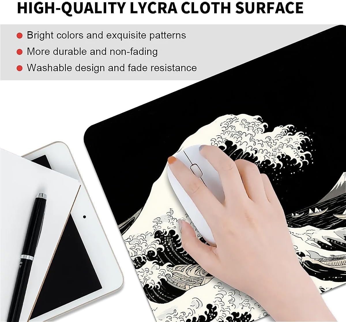 Square Mouse Pad Black Japanese Wave, Personalized Premium-Textured Custom Mouse Mat Design, Washable Mousepad Cloth, Non-Slip Rubber Base Computer Mouse Pads for Wireless Mouse