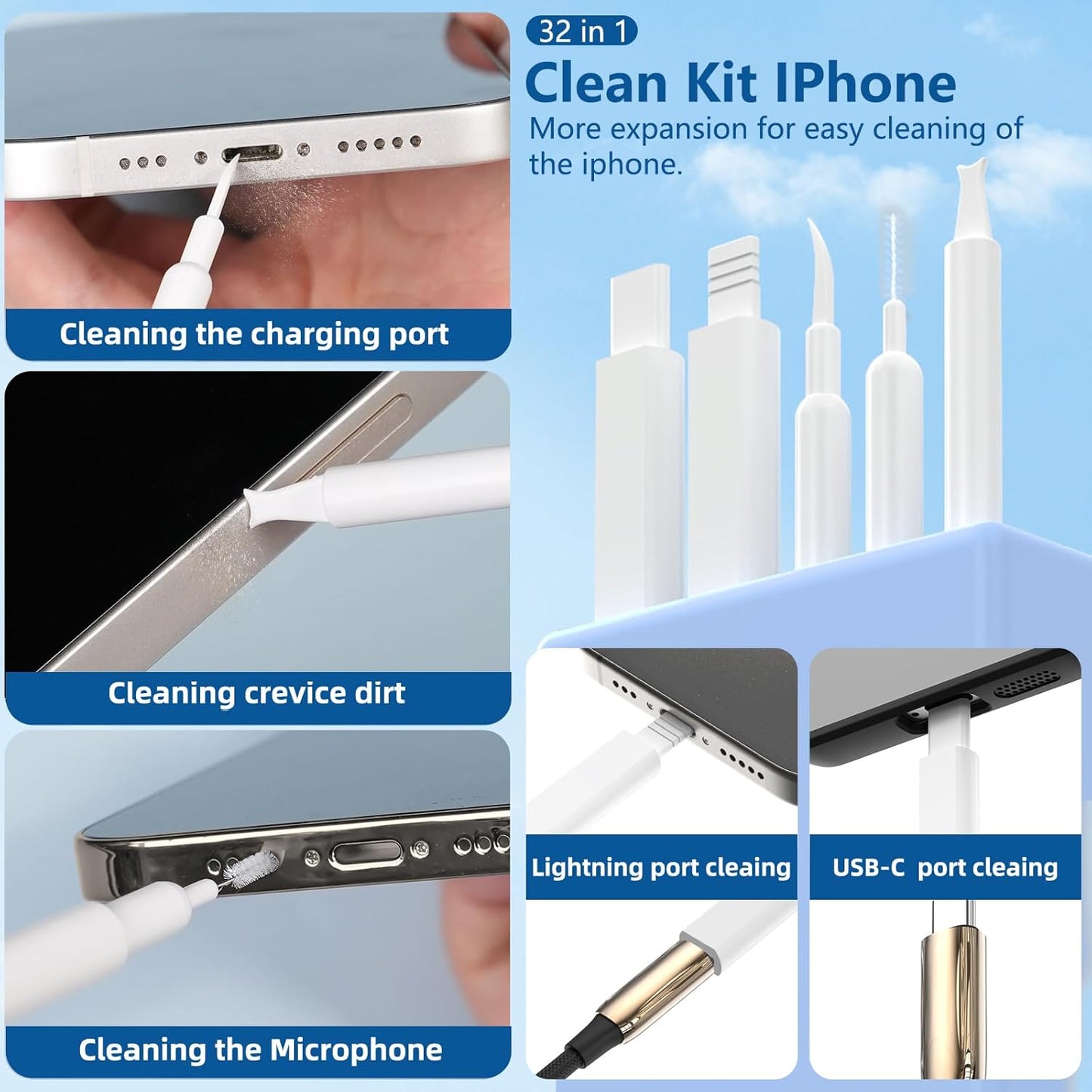 32 in 1 Cell Phone Cleaning kit with Charging Port Cleaner,Stylus Pen,SIM Tool,Keyboard Brush,Speaker Brush,Electronic Cleaning kit for iPhone,AirPods,iPad,Keyboard,MacBook,Earbud,Camera Lens(White)