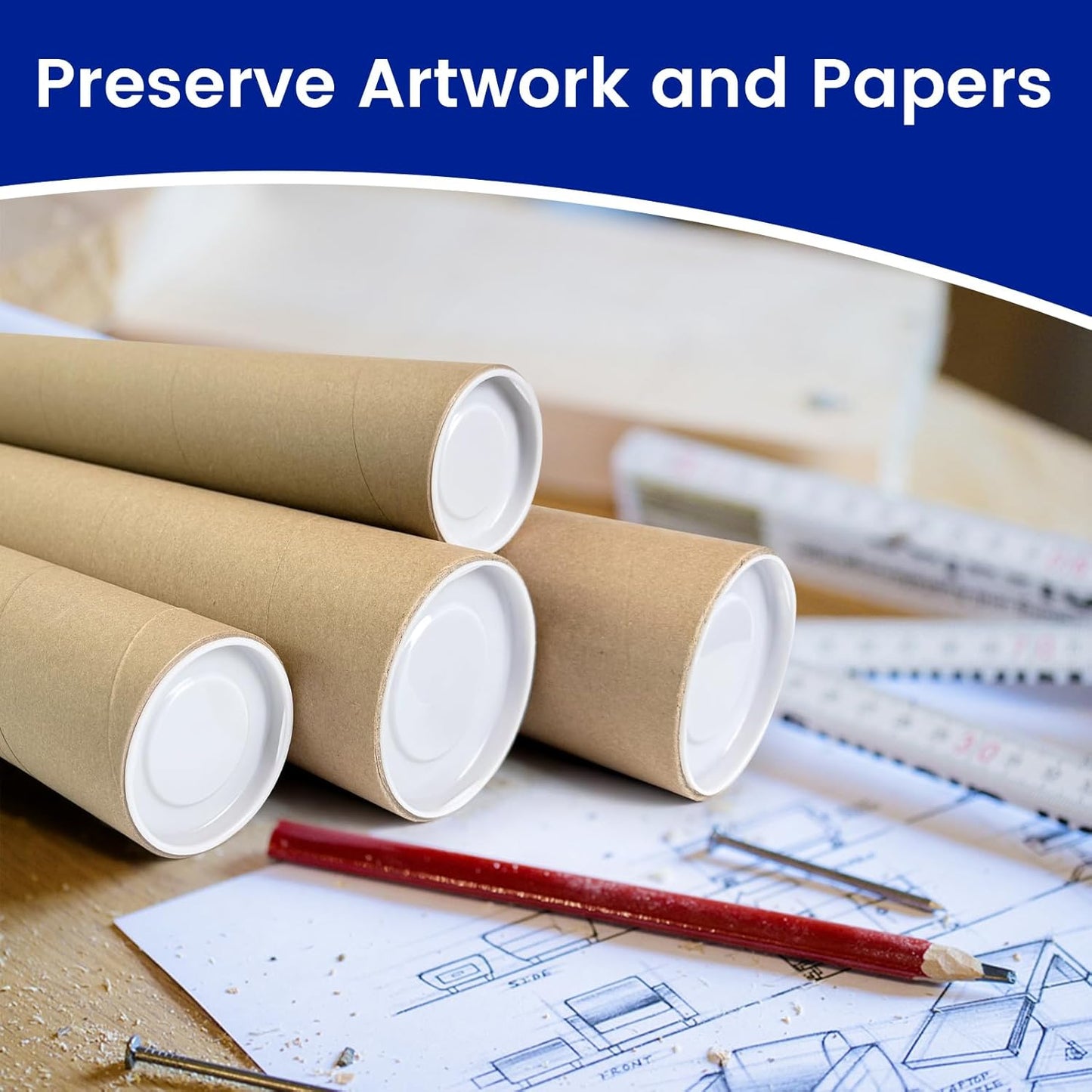 4-Pack Mailing Tubes with Caps, Paper Cardboard Storage Tubes for Shipping, Prints, Documents, Crafts & Golf Clubs (4in*47in, 3in*47in)