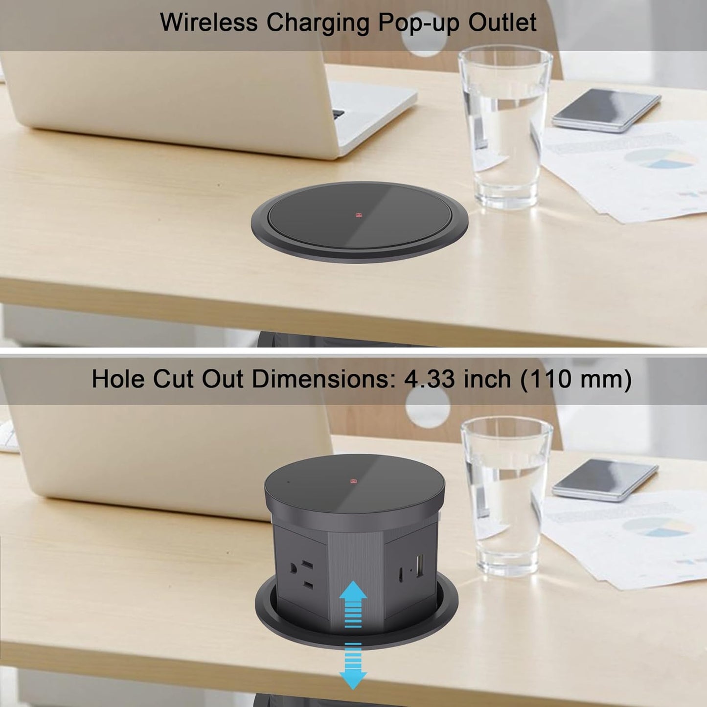 Automatic Pop Up Outlet, 4.33 inch Pop Up Outlet for Countertop with 15W Wireless Charger 3 AC Plug 1 USB-A 1 USB-C Hidden Outlet 5 FT Cord for for Kitchen/Home/Office (Grey)