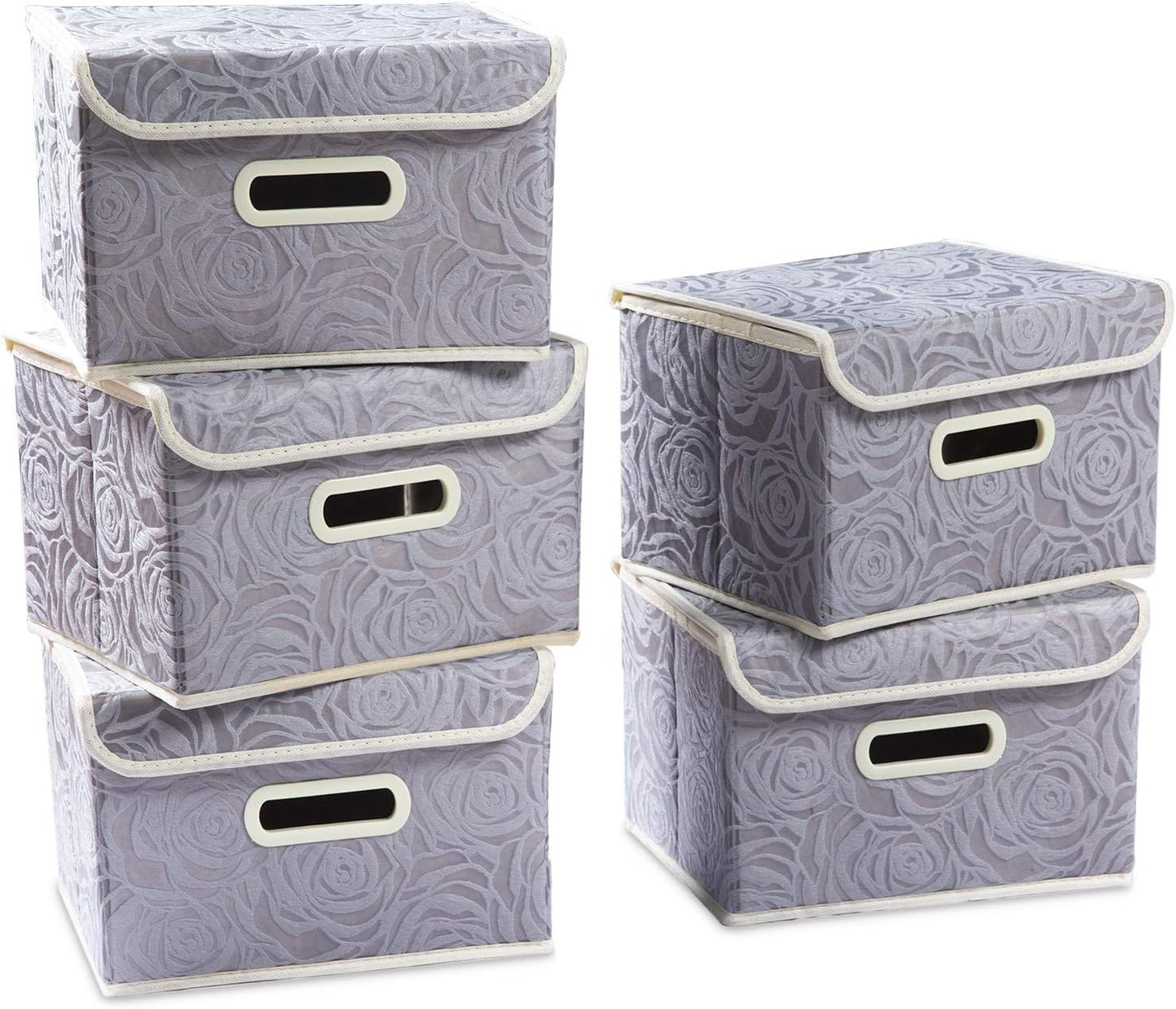 PRANDOM Stackable Storage Boxes with Lids [5-Pack] Fabric Decorative Storage Bins Cubes Organizer Containers Baskets with Cover Handles Divider for Bedroom Closet Living Room Grey 9.8x7.9x6.7 Inch