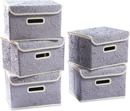 PRANDOM Stackable Storage Boxes with Lids [5-Pack] Fabric Decorative Storage Bins Cubes Organizer Containers Baskets with Cover Handles Divider for Bedroom Closet Living Room Grey 9.8x7.9x6.7 Inch