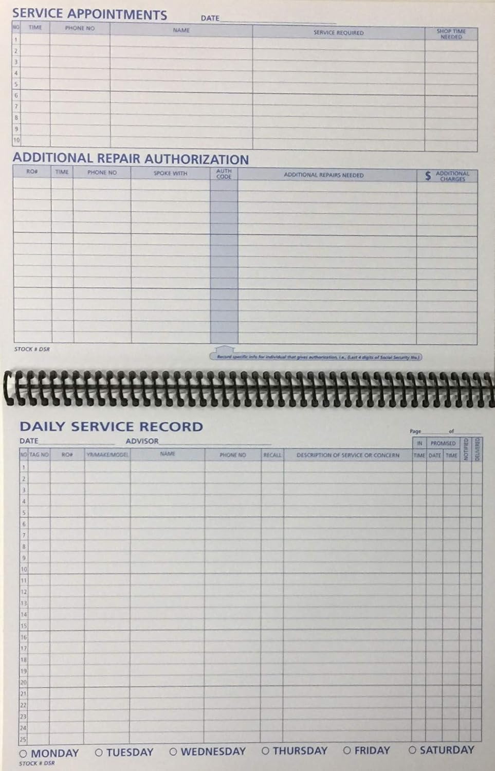 Daily Service Record Book - 50 Sheets/Book (W9)