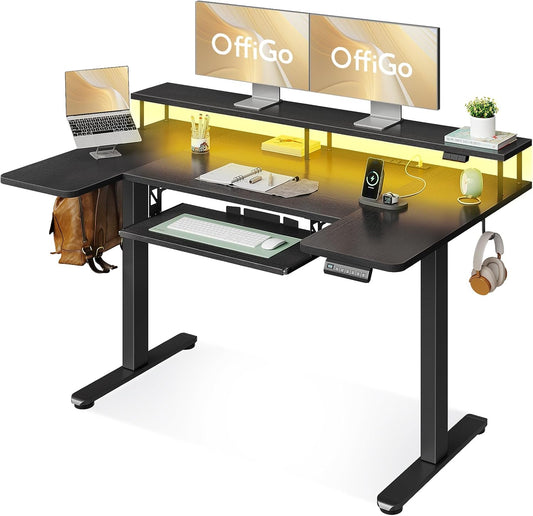 OffiGo U Shaped Electric Standing Desk with Keyboard Tray, 55 Inch Height Adjustable Desk with Power Outlets & LED Lights, Sit Stand Table with Monitor Stand for Home, Office, Black